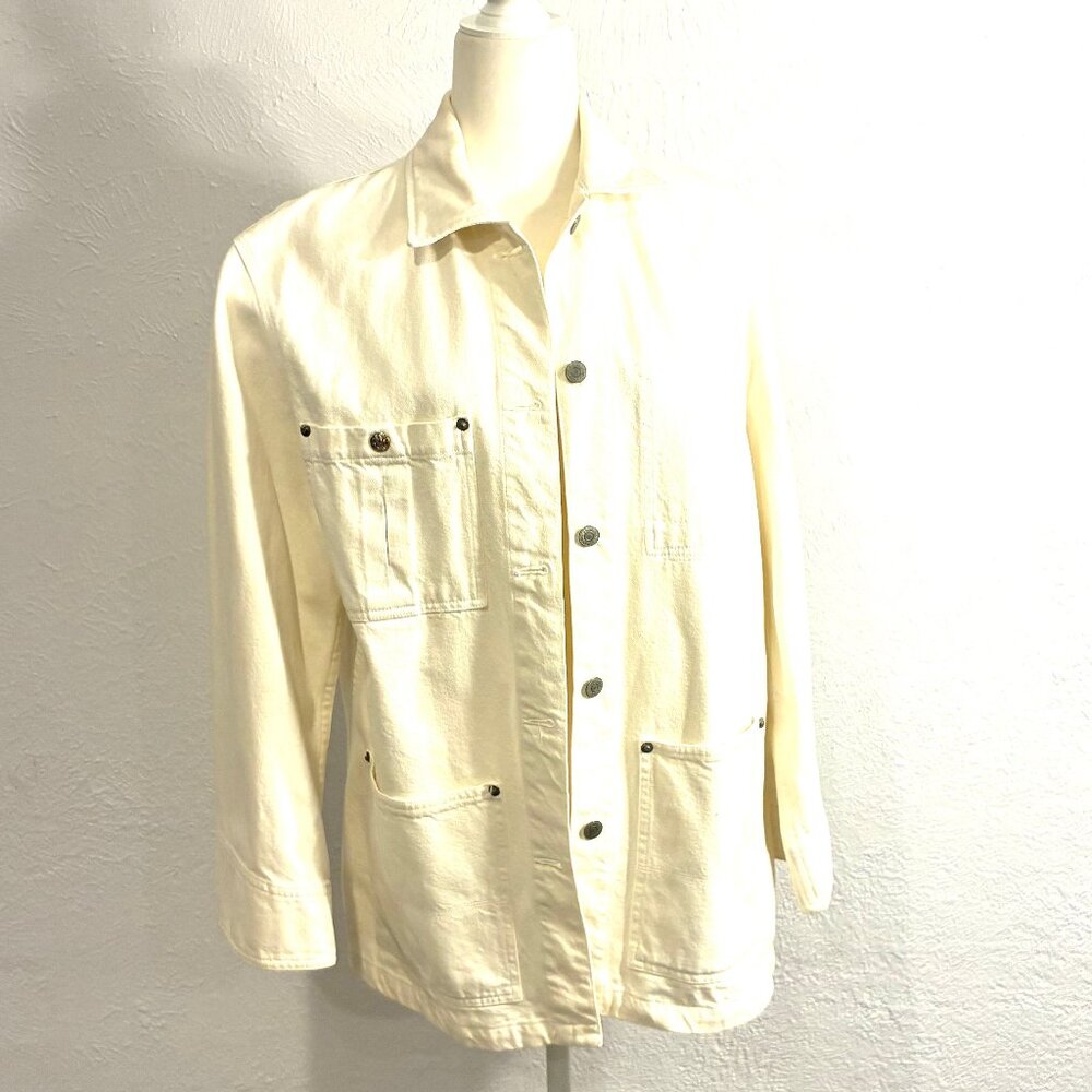 DKNY Cream Thick  Denim Jacket, Size Medium, Pockets! Rivets, 100% Cotton,
